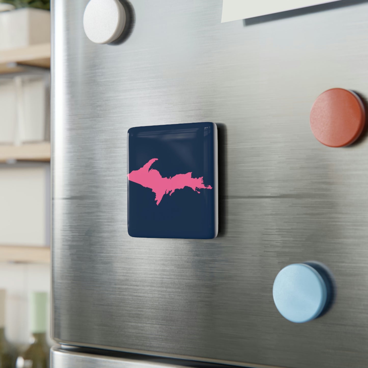 Michigan Upper Peninsula Porcelain Magnet (Navy w/ Pink UP Outline)