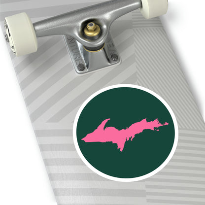 Michigan Upper Peninsula Round Stickers (Green w/ Pink UP Outline) | Indoor\Outdoor