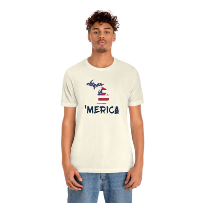 Michigan 'Merica' T-Shirt (Brush Font w/ MI USA Flag Outline) | Unisex Standard Fit