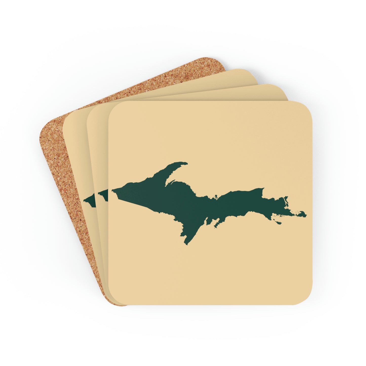 Michigan Upper Peninsula Coaster Set (Maple Color w/ Green UP Outline) | Corkwood - 4 pack