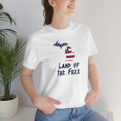 Michigan 'Land of the Free' T-Shirt (Tag Font w/ MI USA Flag Outline) | Unisex Standard Fit