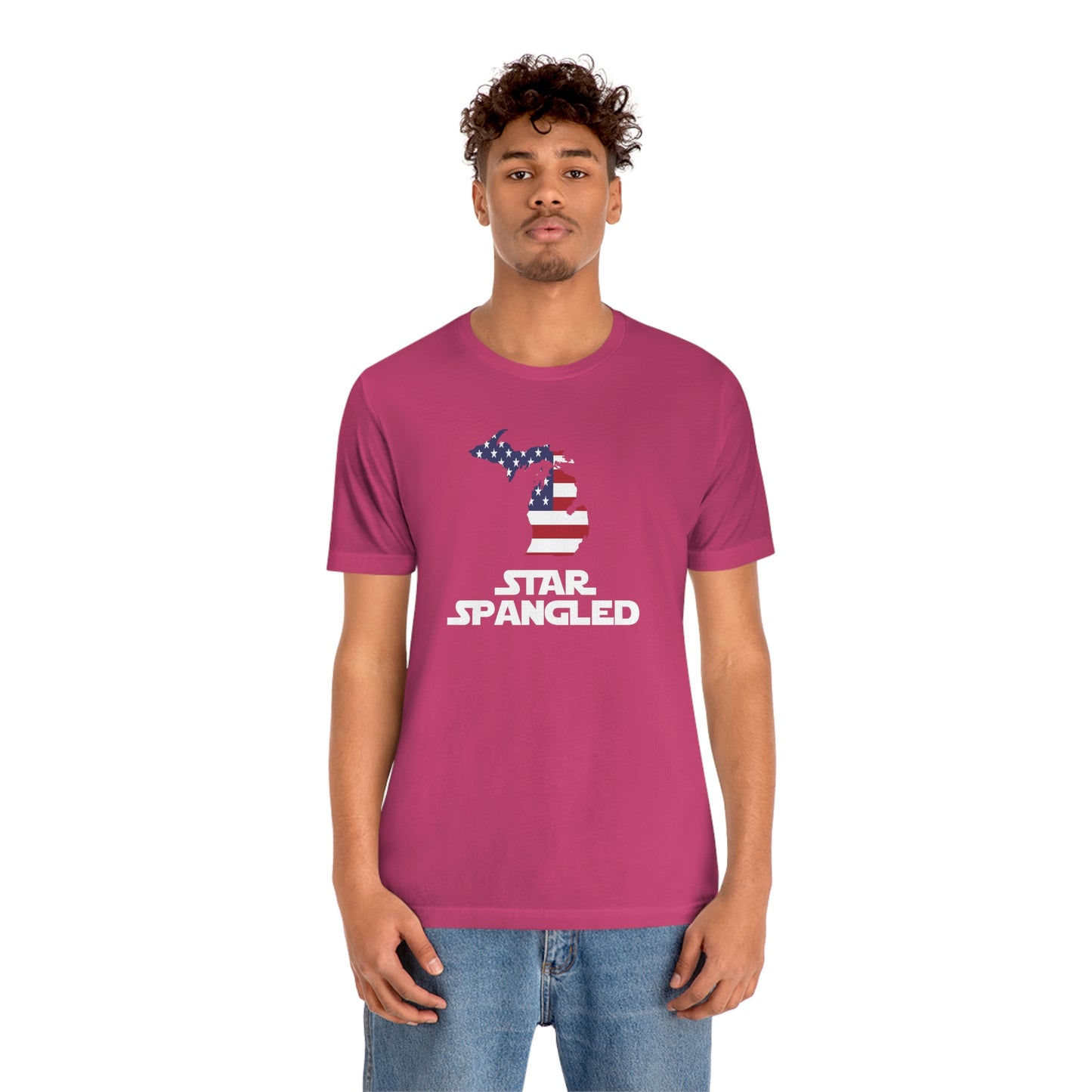 Michigan 'Star Spangled' T-Shirt (Epic Sci Fi Font w/ MI USA Flag Outline) | Unisex Standard Fit