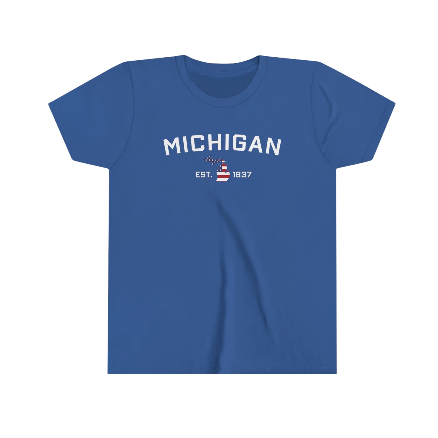 'Michigan EST 1837' T-Shirt (w/ MI USA Flag Outline) | Youth Short Sleeve