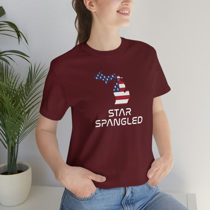 Michigan 'Star Spangled' T-Shirt (Space Agency Font w/ MI USA Flag Outline) | Unisex Standard Fit