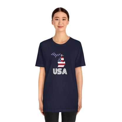 Michigan 'USA' T-Shirt (Audiophile Font w/ MI USA Flag Outline) | Unisex Standard Fit