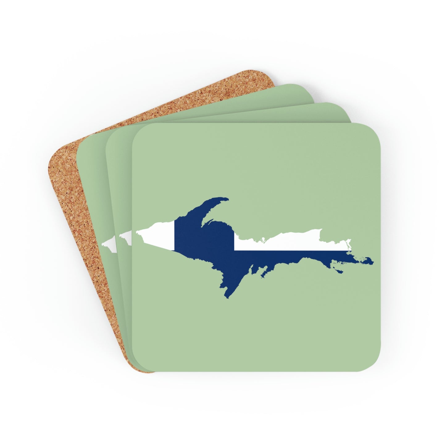 Michigan Upper Peninsula Coaster Set (Green Tea Color w/ UP Ukraine Flag Outline) | Corkwood - 4 pack
