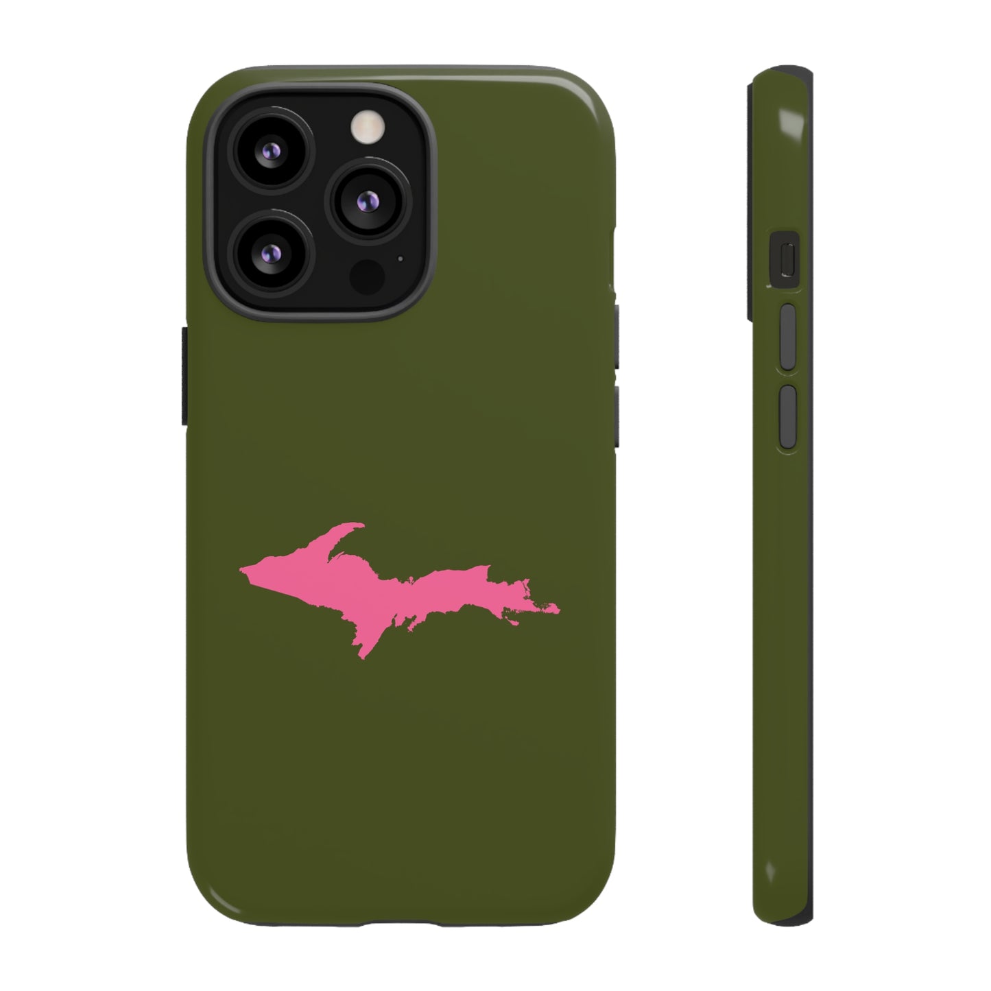 Michigan Upper Peninsula Tough Phone Case (Army Green w/ Pink UP Outline) | Apple iPhone