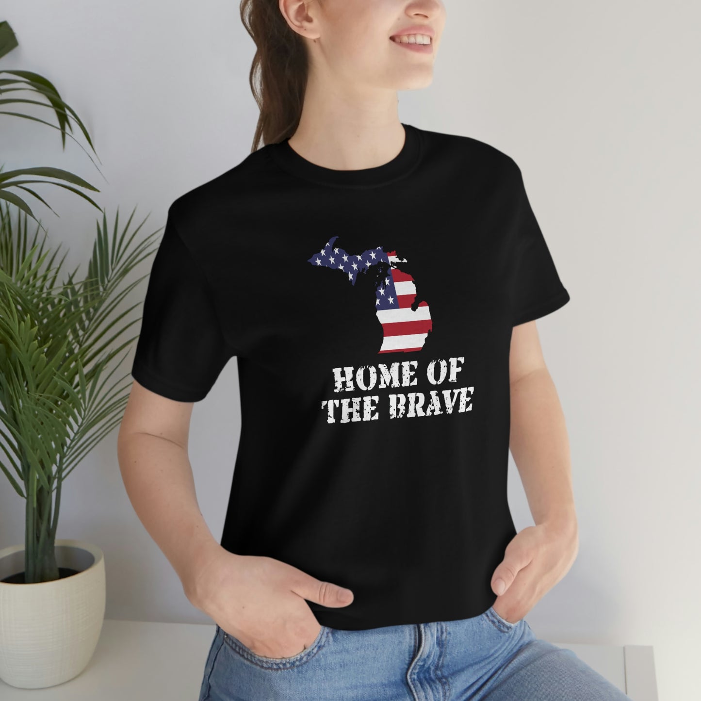 Michigan 'Home of the Brave' T-Shirt (Distressed Stencil Font w/ MI USA Outline) | Unisex Standard Fit