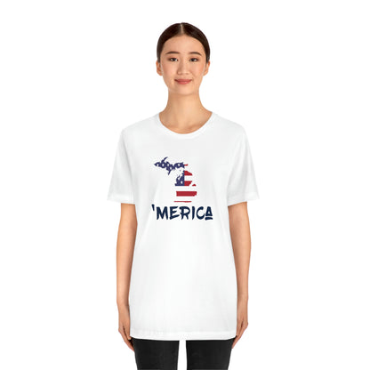 Michigan 'Merica' T-Shirt (Brush Font w/ MI USA Flag Outline) | Unisex Standard Fit