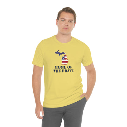 Michigan 'Home of the Brave' T-Shirt (Distressed Stencil Font w/ MI USA Outline) | Unisex Standard Fit