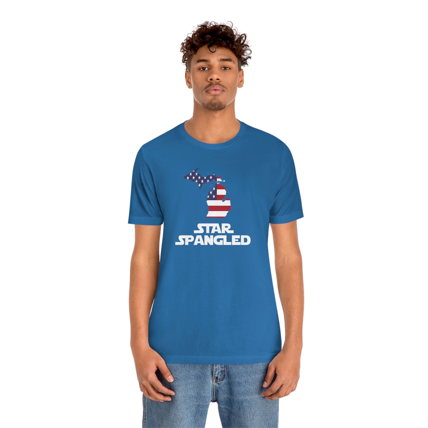 Michigan 'Star Spangled' T-Shirt (Epic Sci Fi Font w/ MI USA Flag Outline) | Unisex Standard Fit