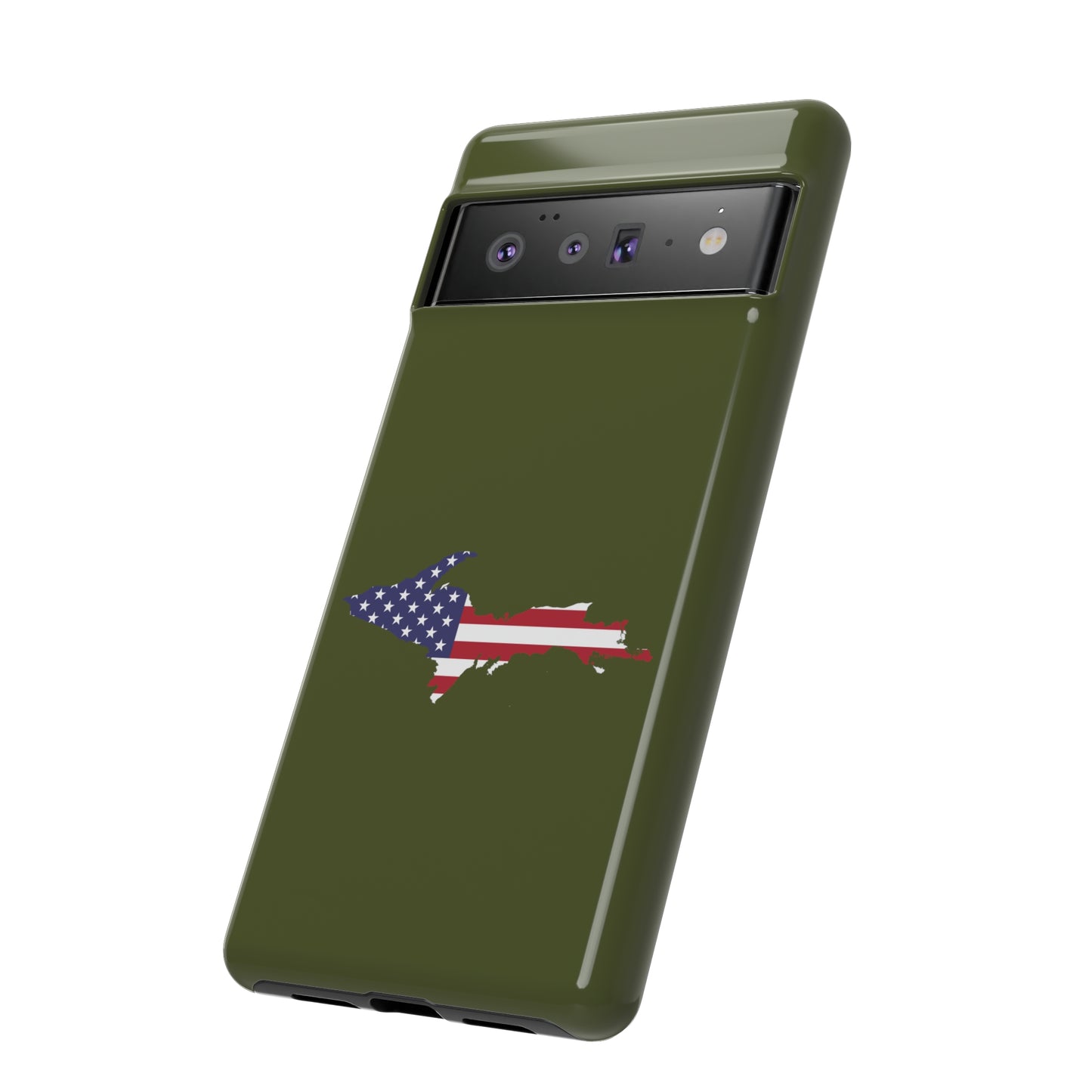 Michigan Upper Peninsula Tough Phone Case (Army Green w/ UP USA Flag Outline) | Samsung & Pixel Android