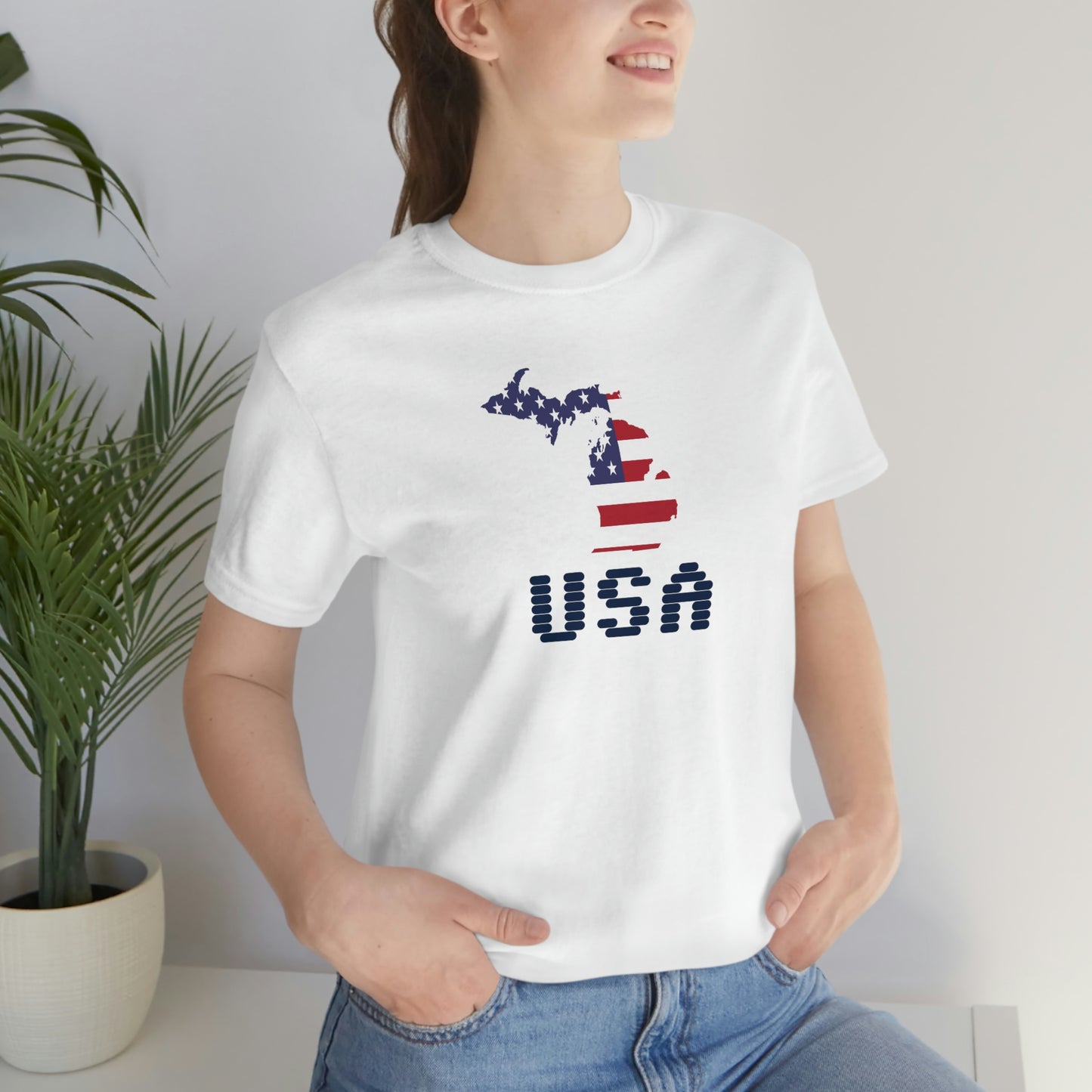 Michigan 'USA' T-Shirt (Vintage Computer Font w/ MI USA Flag Outline) | Unisex Standard Fit