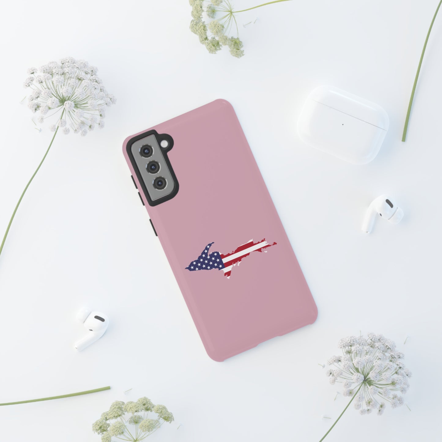 Michigan Upper Peninsula Tough Phone Case (Pink w/ UP USA Flag Outline) | Samsung & Pixel Android