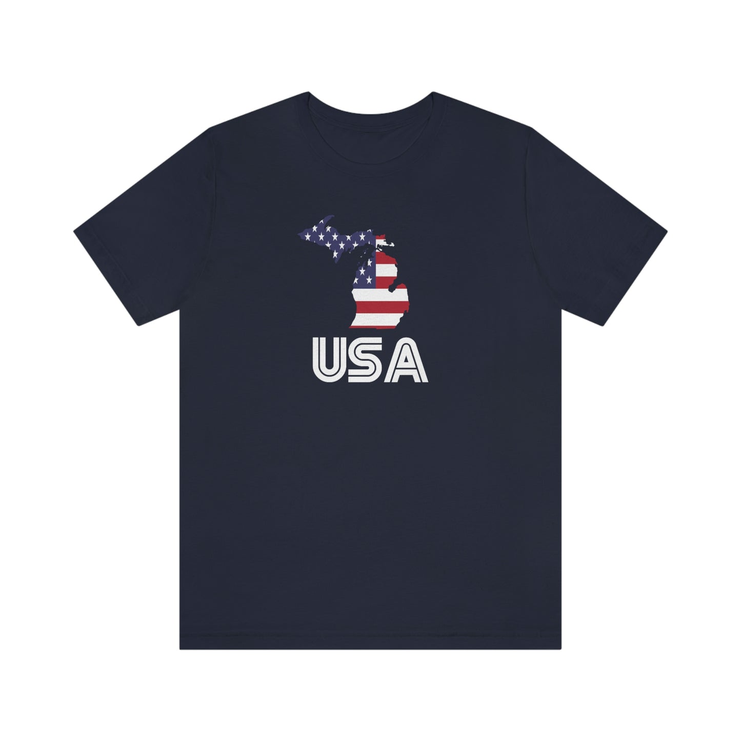 Michigan 'USA' T-Shirt (Audiophile Font w/ MI USA Flag Outline) | Unisex Standard Fit