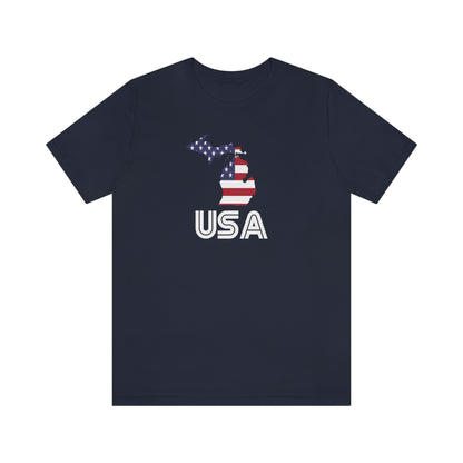 Michigan 'USA' T-Shirt (Audiophile Font w/ MI USA Flag Outline) | Unisex Standard Fit