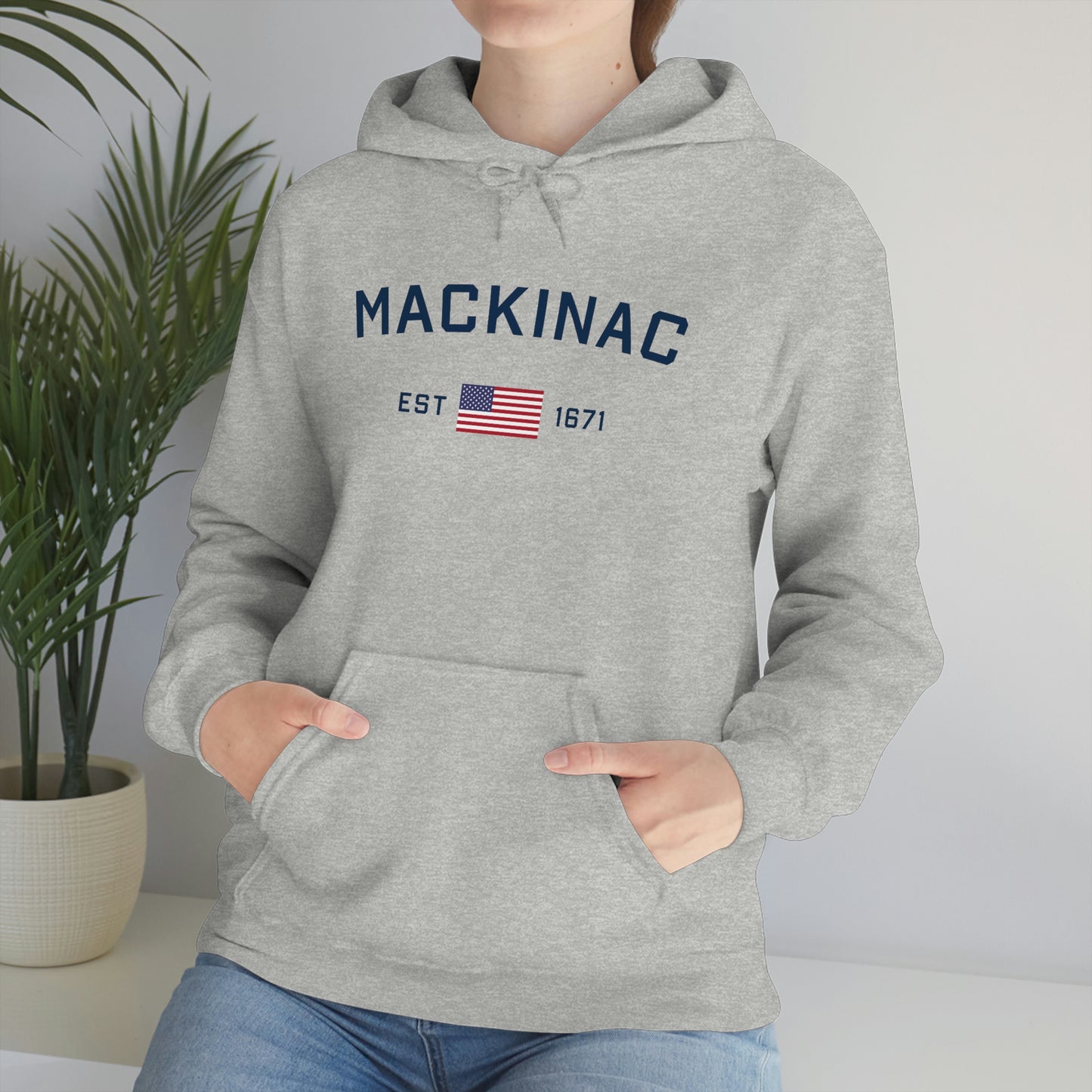 'Mackinac EST 1671' Hoodie (w/USA Flag Outline) | Unisex Standard