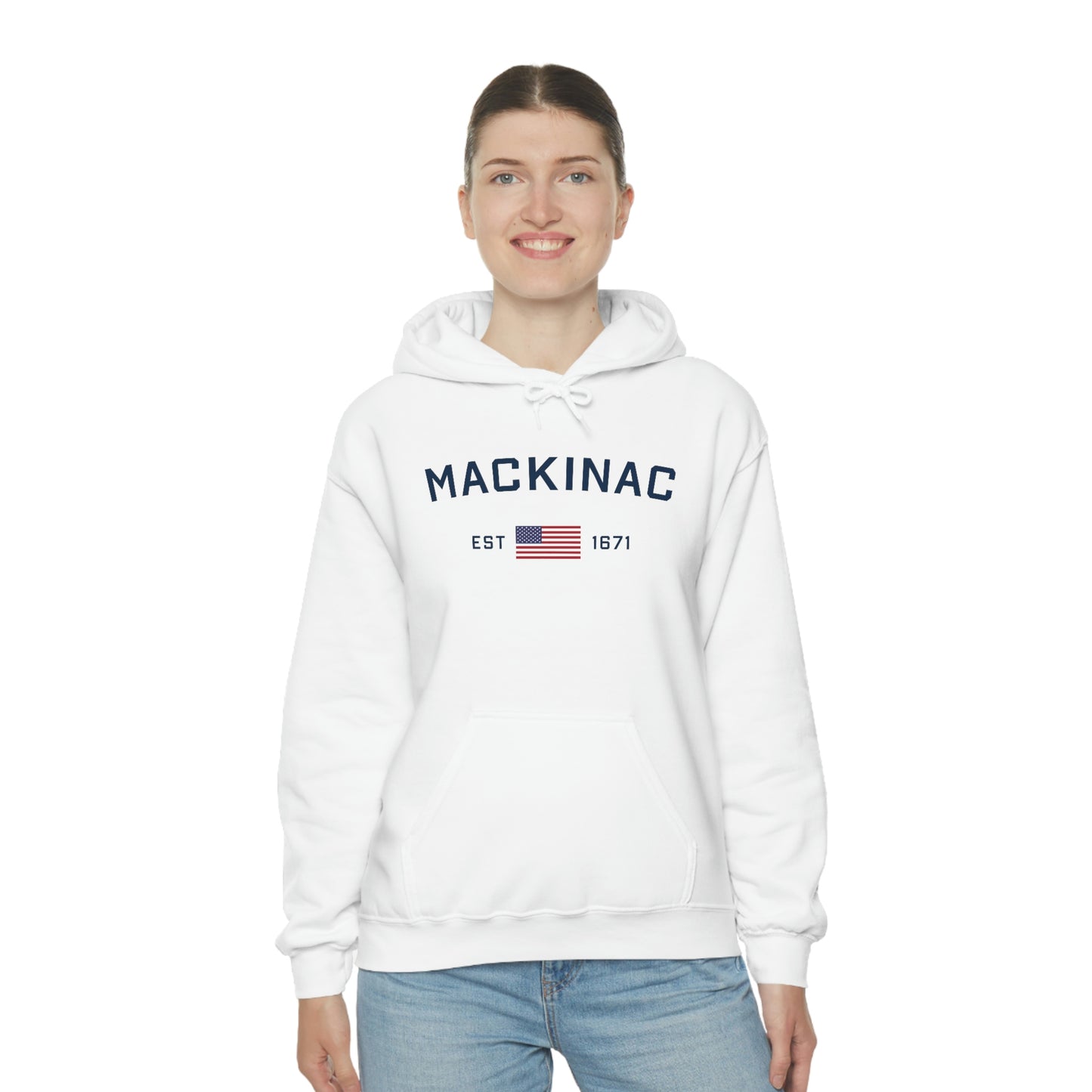 'Mackinac EST 1671' Hoodie (w/USA Flag Outline) | Unisex Standard