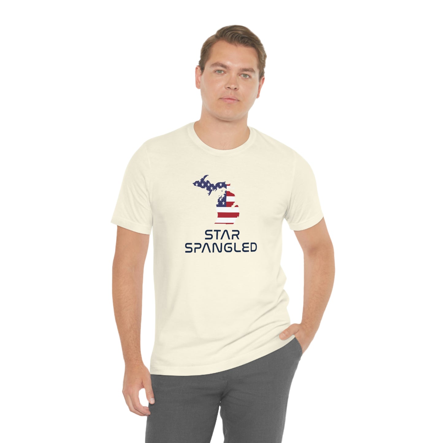 Michigan 'Star Spangled' T-Shirt (Space Agency Font w/ MI USA Flag Outline) | Unisex Standard Fit