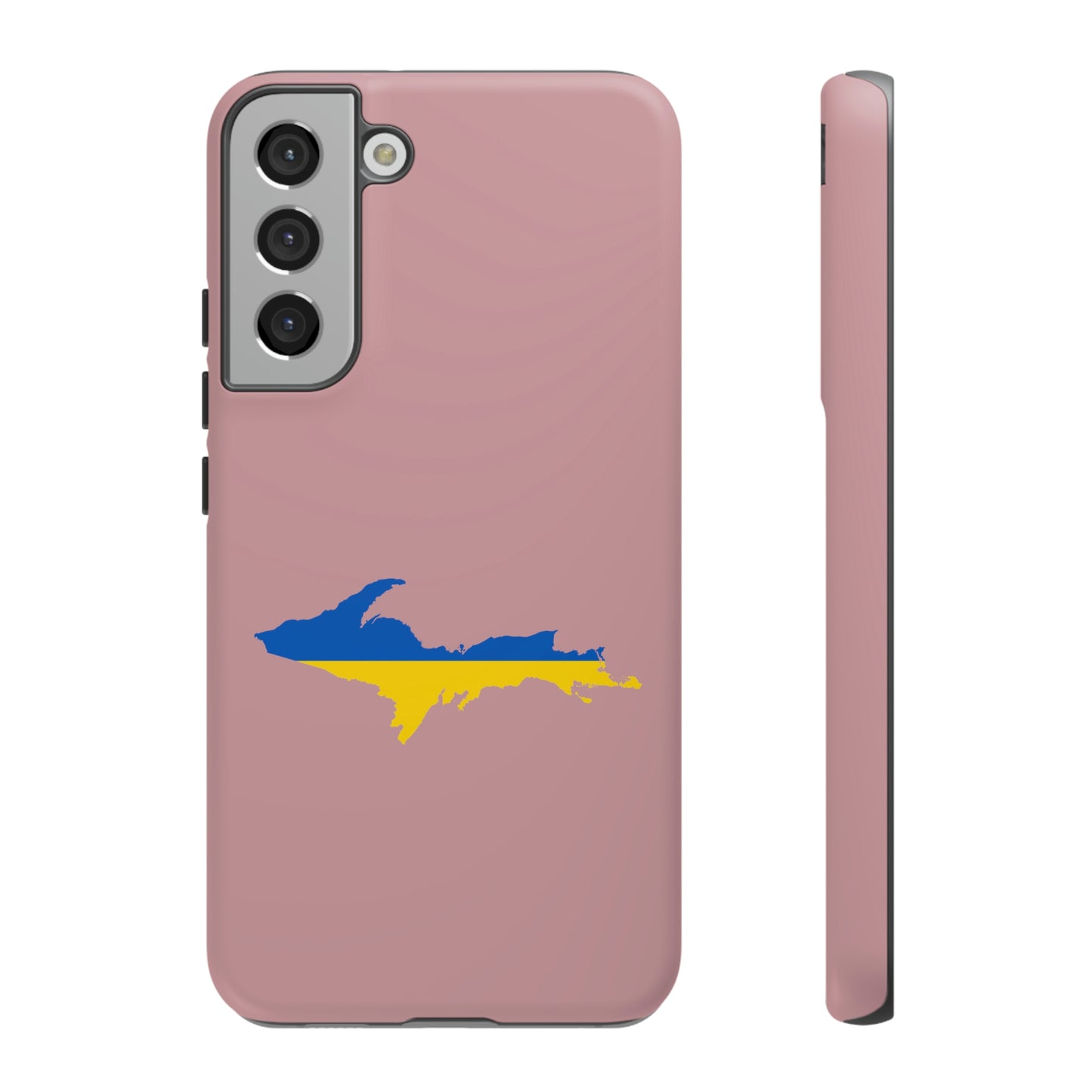 Michigan Upper Peninsula Tough Phone Case (Cherry Blossom Pink w/ UP Ukraine Flag Outline) | Samsung & Pixel Android