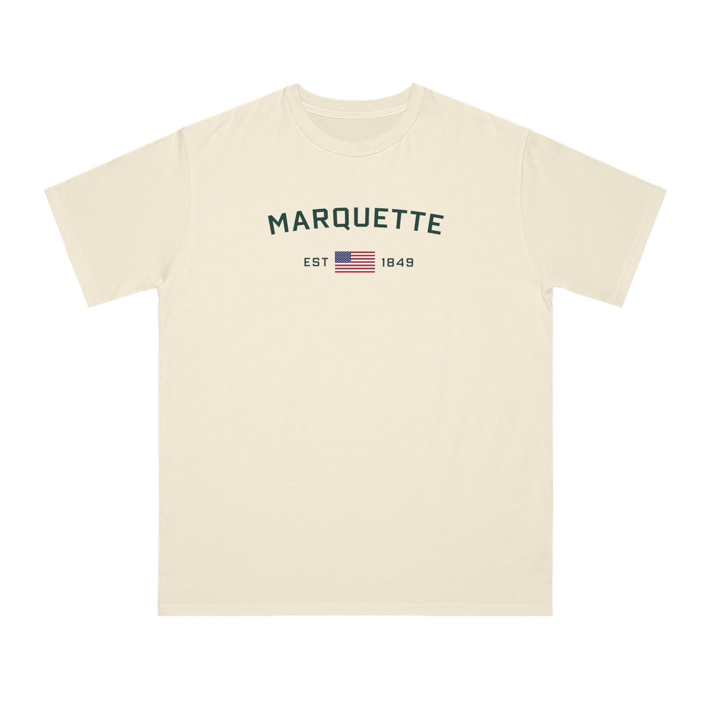 'Marquette EST 1849' T-Shirt (Green/Gold Type w/ USA Flag | Organic Unisex