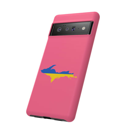 Michigan Upper Peninsula Tough Phone Case (Rhodochrosite Pink w/ UP Ukraine Flag Outline) | Samsung & Pixel Android