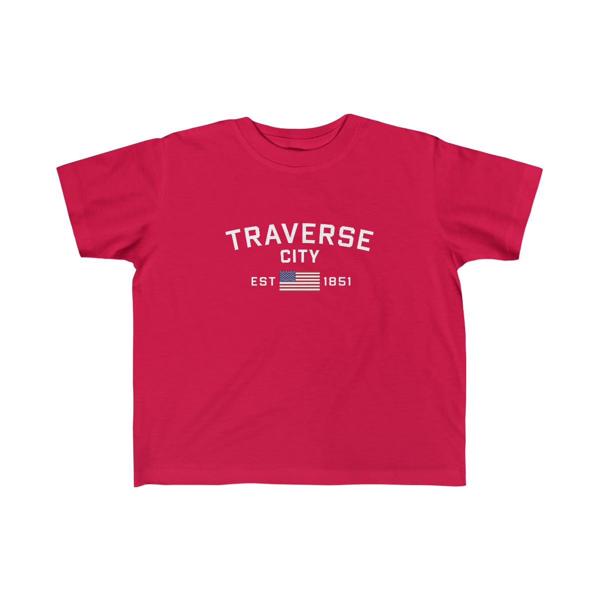 'Traverse City EST 1851' T-Shirt  (w/USA Flag Outline) | Toddler Short Sleeve - Circumspice Michigan