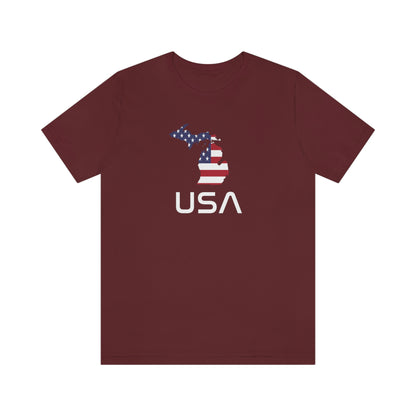 Michigan 'USA' T-Shirt (Space Agency Font w/ MI USA Flag Outline) | Unisex Standard Fit