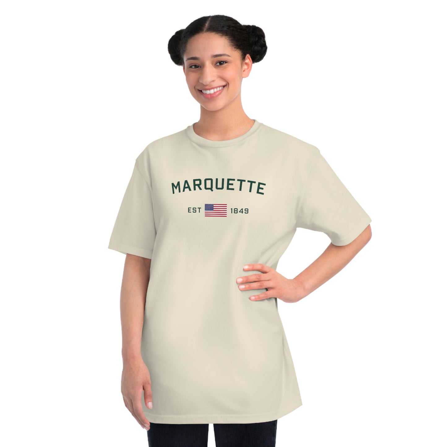 'Marquette EST 1849' T-Shirt (Green/Gold Type w/ USA Flag | Organic Unisex