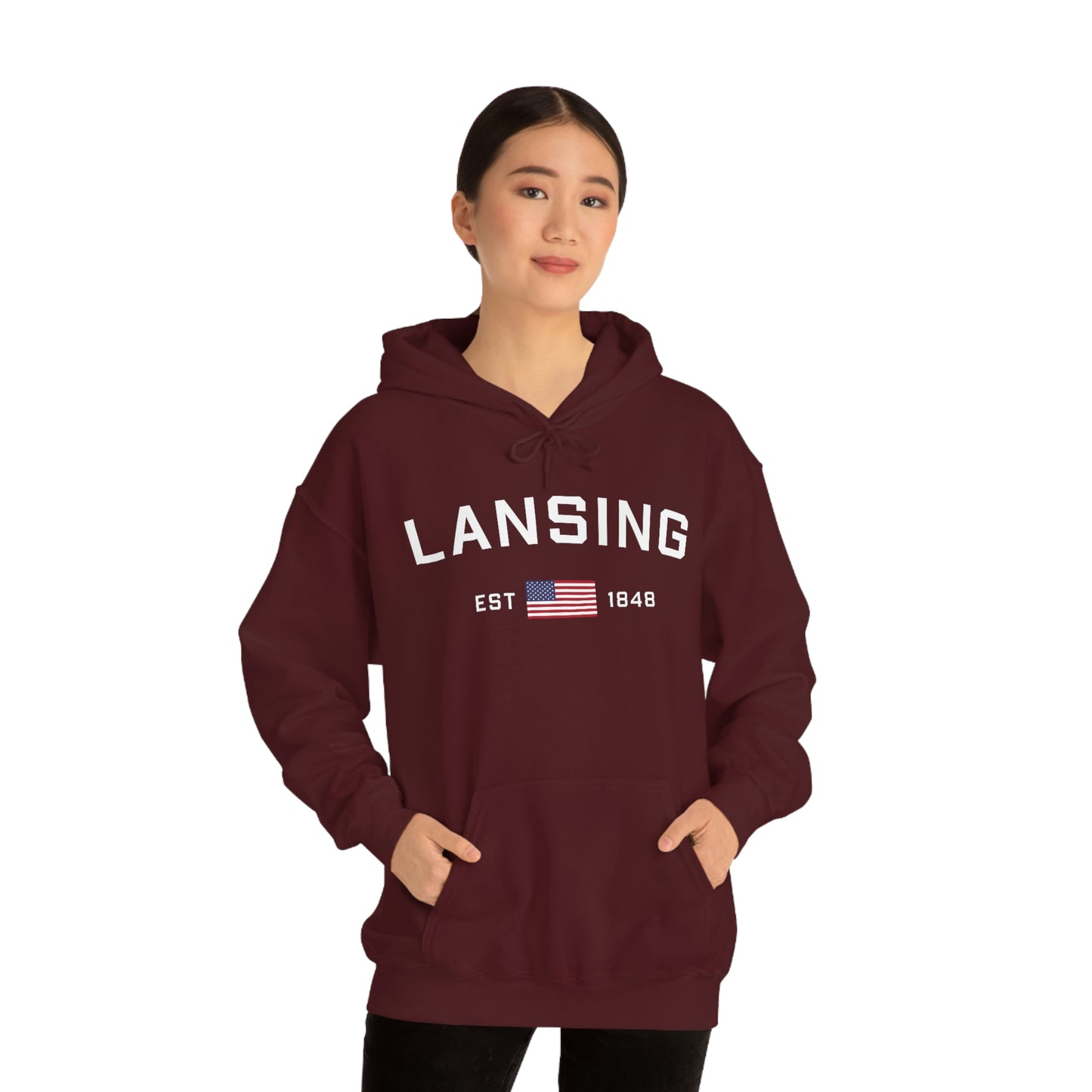 'Lansing EST 1848' Hoodie (w/USA Flag Outline) | Unisex Standard