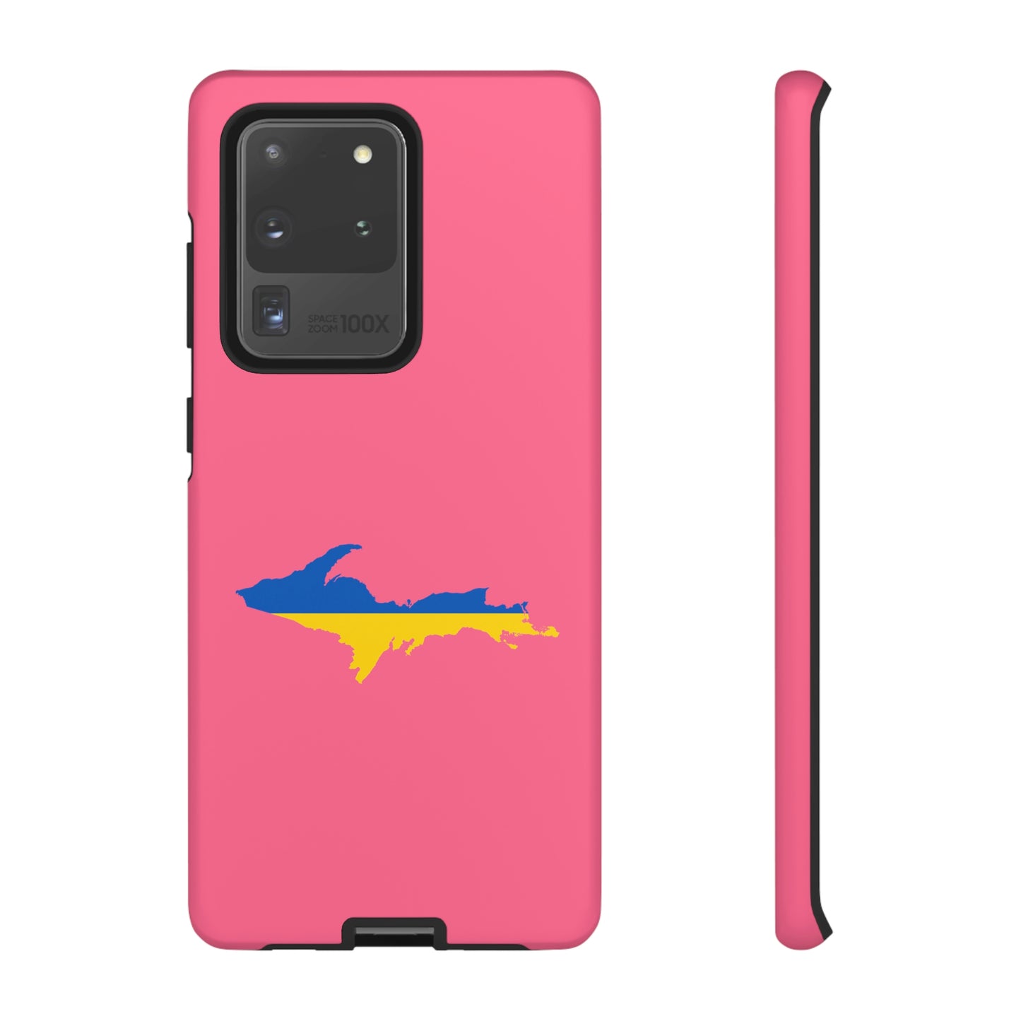 Michigan Upper Peninsula Tough Phone Case (Rhodochrosite Pink w/ UP Ukraine Flag Outline) | Samsung & Pixel Android