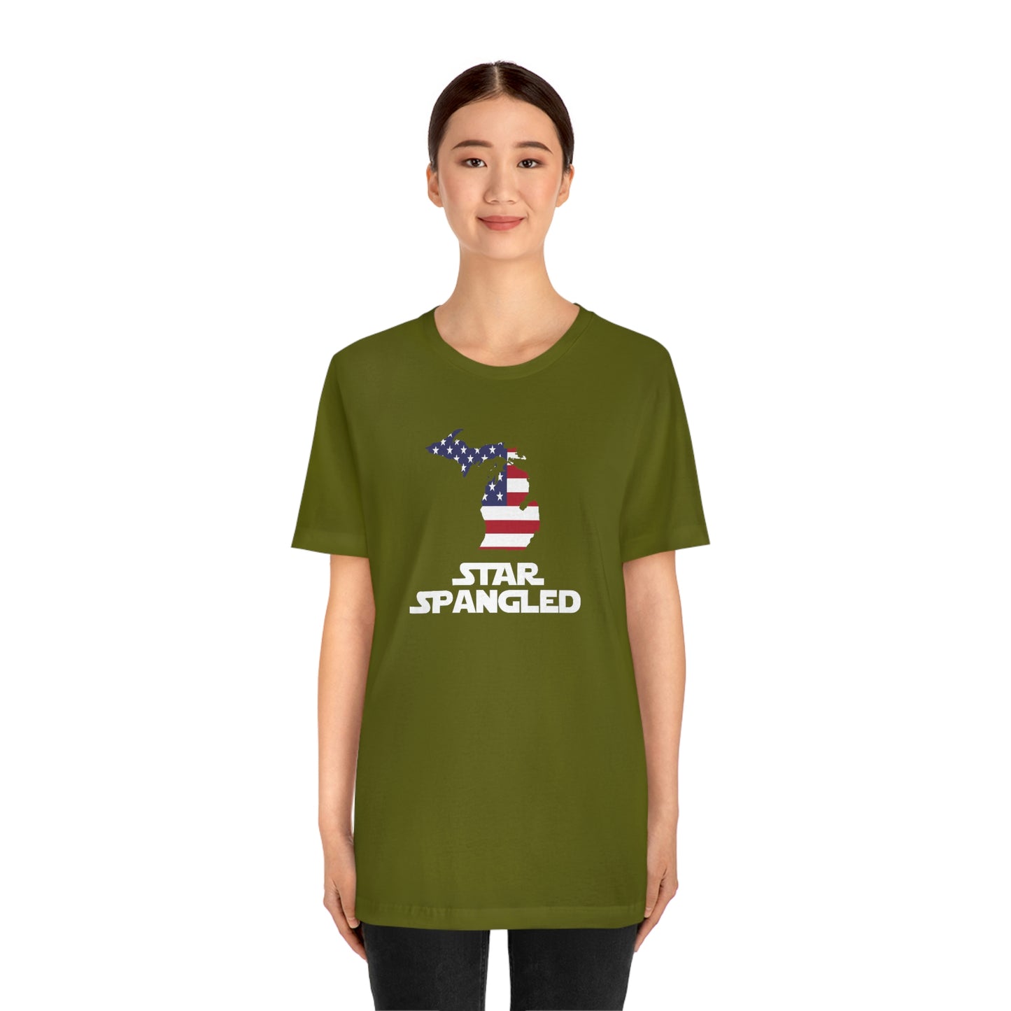 Michigan 'Star Spangled' T-Shirt (Epic Sci Fi Font w/ MI USA Flag Outline) | Unisex Standard Fit