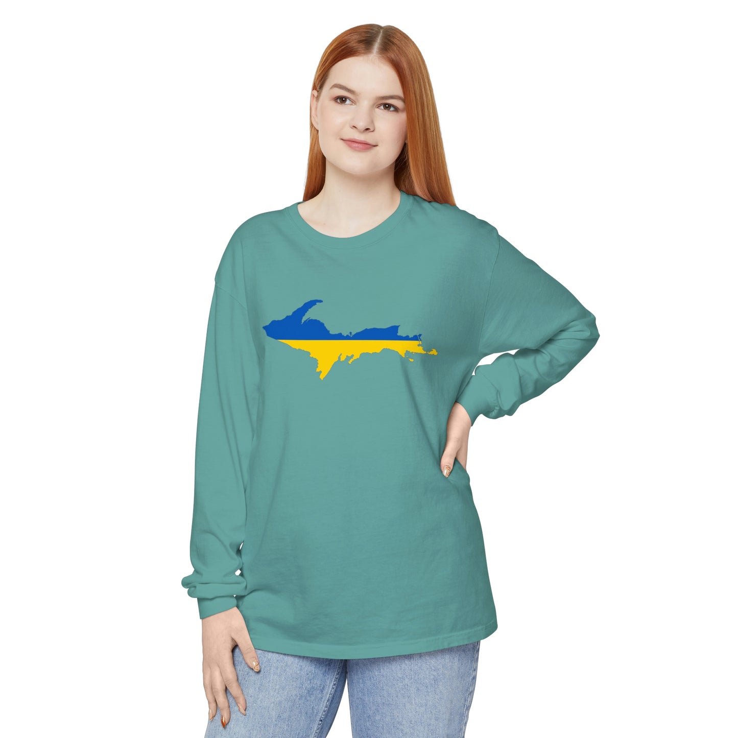 Michigan Upper Peninsula Garment-Dyed T-Shirt (w/ UP Ukraine Flag Outline) | Unisex Long Sleeve