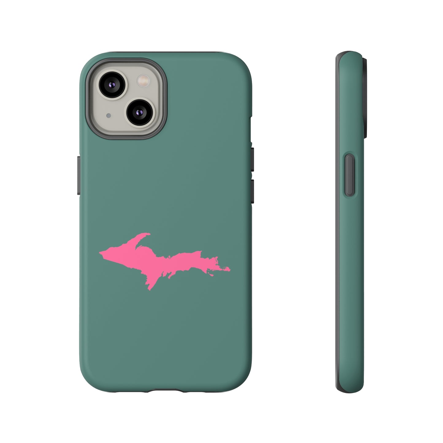 Michigan Upper Peninsula Tough Phone Case (Copper Green w/ Pink UP Outline) | Apple iPhone