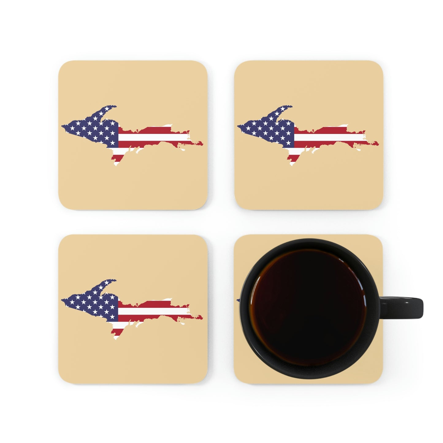 Michigan Upper Peninsula Coaster Set (Maple Color w/ UP USA Flag Outline) | Corkwood - 4 pack