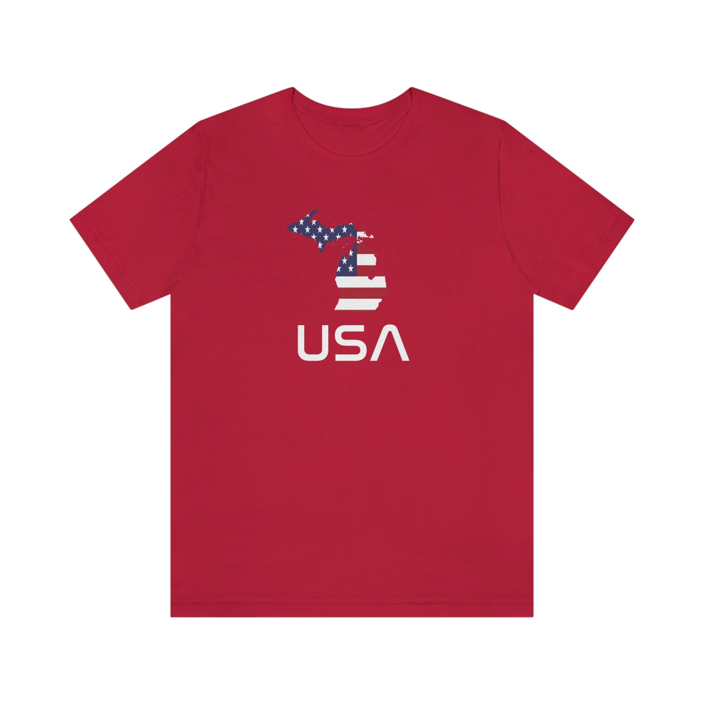 Michigan 'USA' T-Shirt (Space Agency Font w/ MI USA Flag Outline) | Unisex Standard Fit