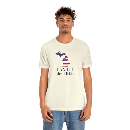 Michigan 'Land of the Free' T-Shirt (Didone Font w/ MI USA Flag Outline) | Unisex Standard Fit