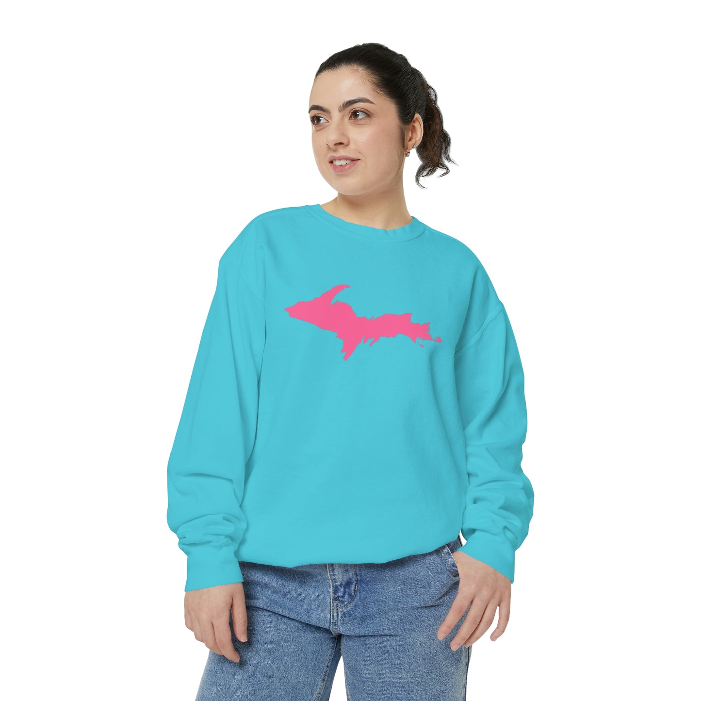 Michigan Upper Peninsula Sweatshirt (w/ Pink UP Outline) | Unisex Garment Dyed