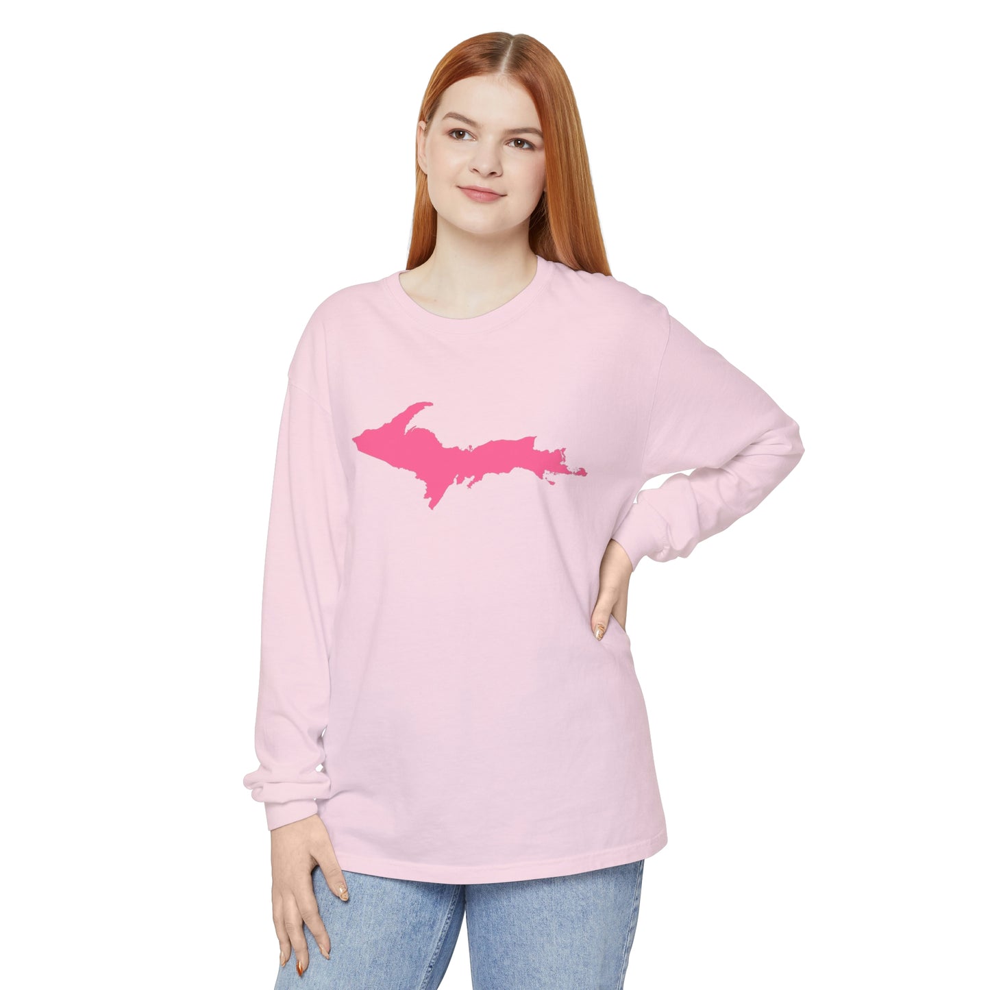 Michigan Upper Peninsula Garment-Dyed T-Shirt (w/ Pink UP Outline) | Unisex Long Sleeve