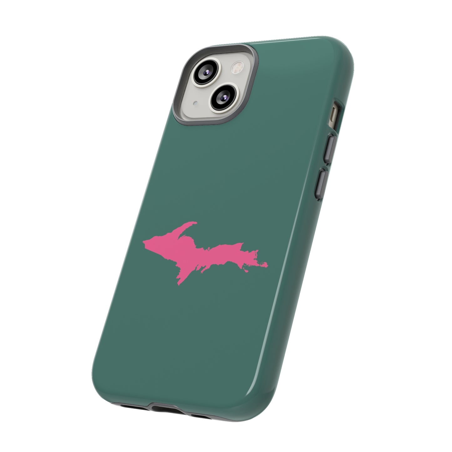 Michigan Upper Peninsula Tough Phone Case (Copper Green w/ Pink UP Outline) | Apple iPhone