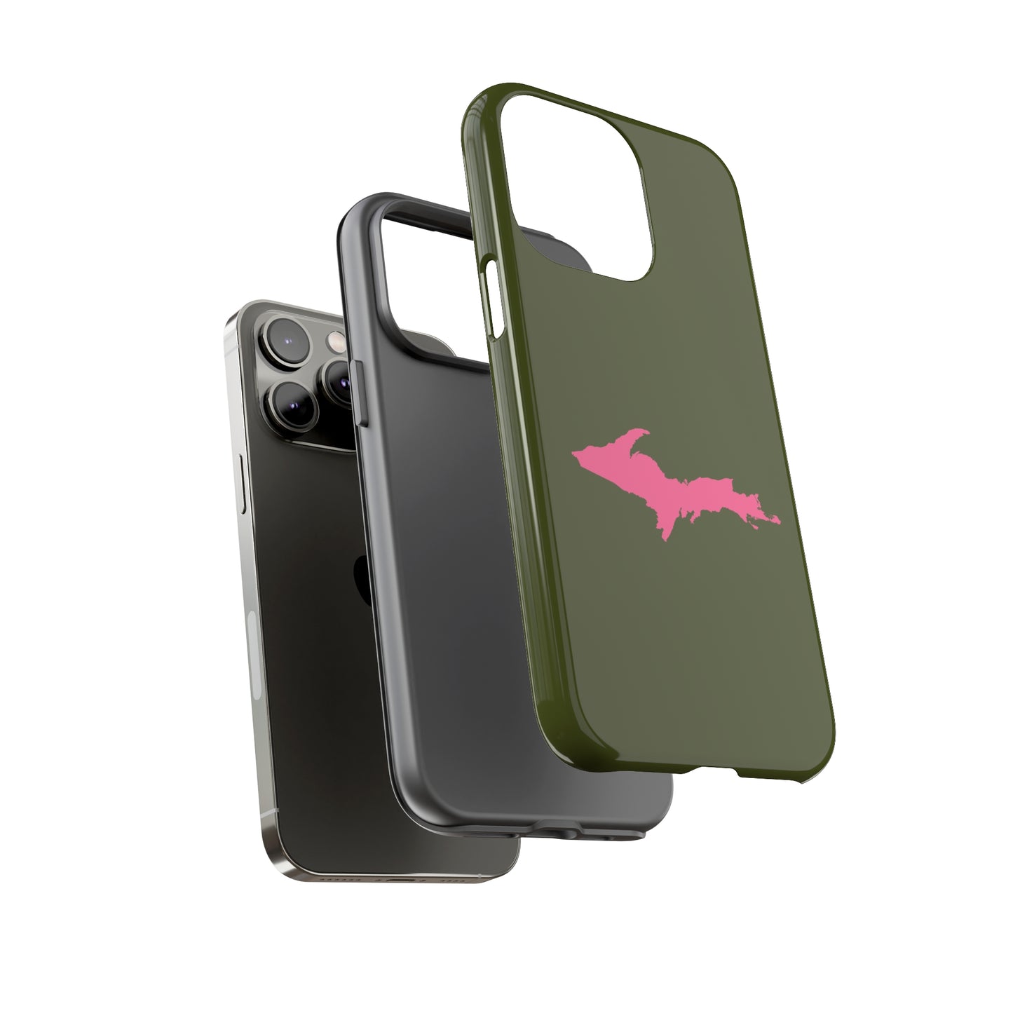 Michigan Upper Peninsula Tough Phone Case (Army Green w/ Pink UP Outline) | Apple iPhone