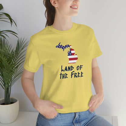 Michigan 'Land of the Free' T-Shirt (Tag Font w/ MI USA Flag Outline) | Unisex Standard Fit