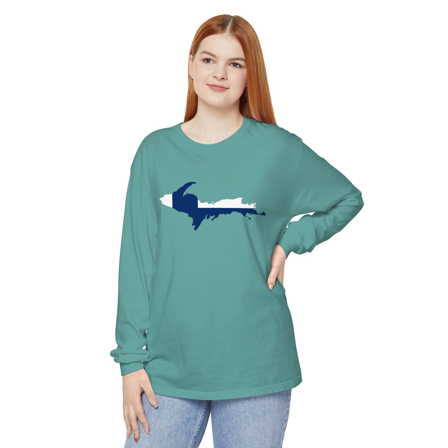 Michigan Upper Peninsula Garment-Dyed T-Shirt (w/ UP Finland Flag Outline) | Unisex Long Sleeve