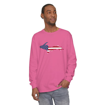 Michigan Upper Peninsula Garment-Dyed T-Shirt (w/ UP USA Flag Outline) | Unisex Long Sleeve