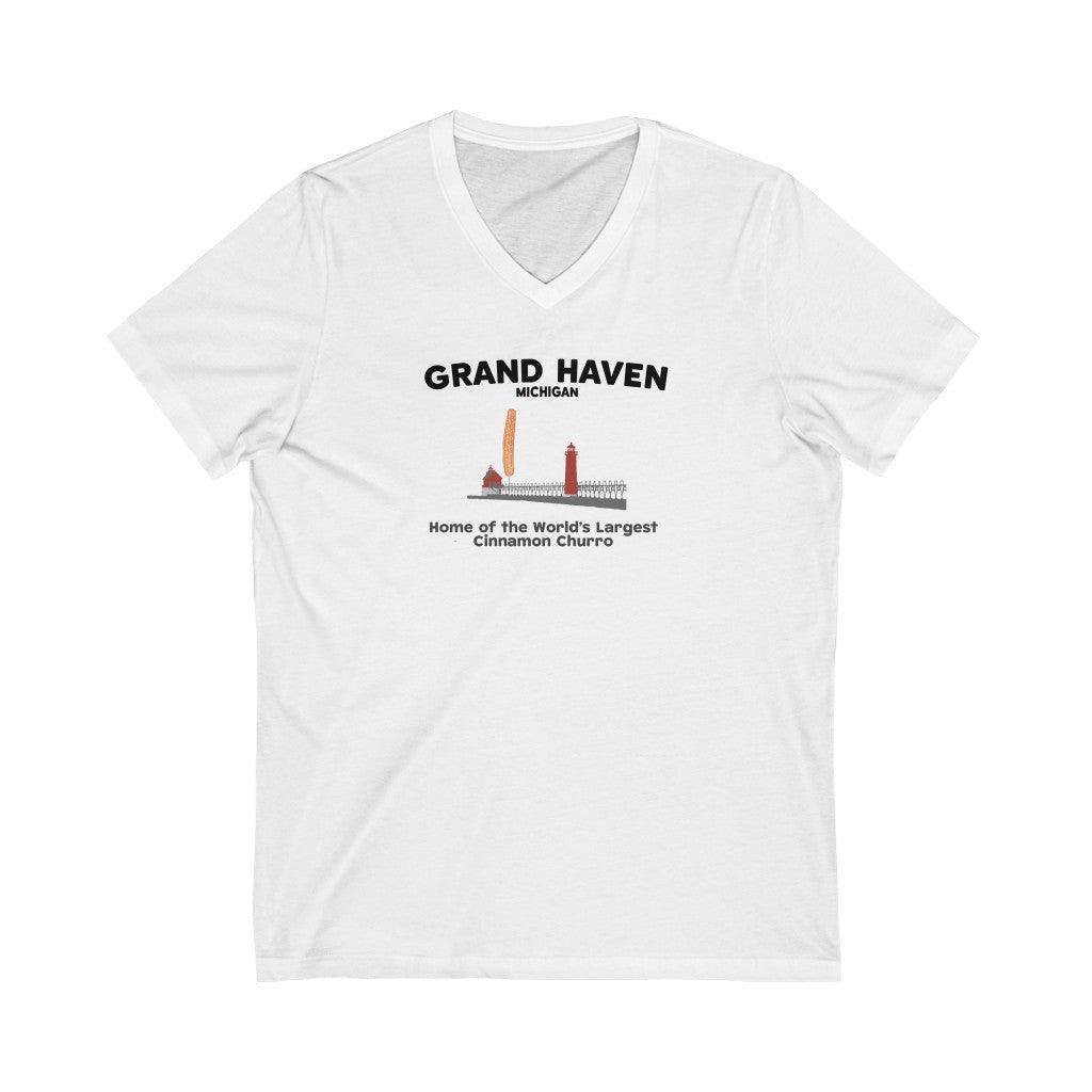 'Grand Haven - Home of the World's Largest Cinnamon Churro' T-Shirt | Unisex V-Neck - Circumspice Michigan