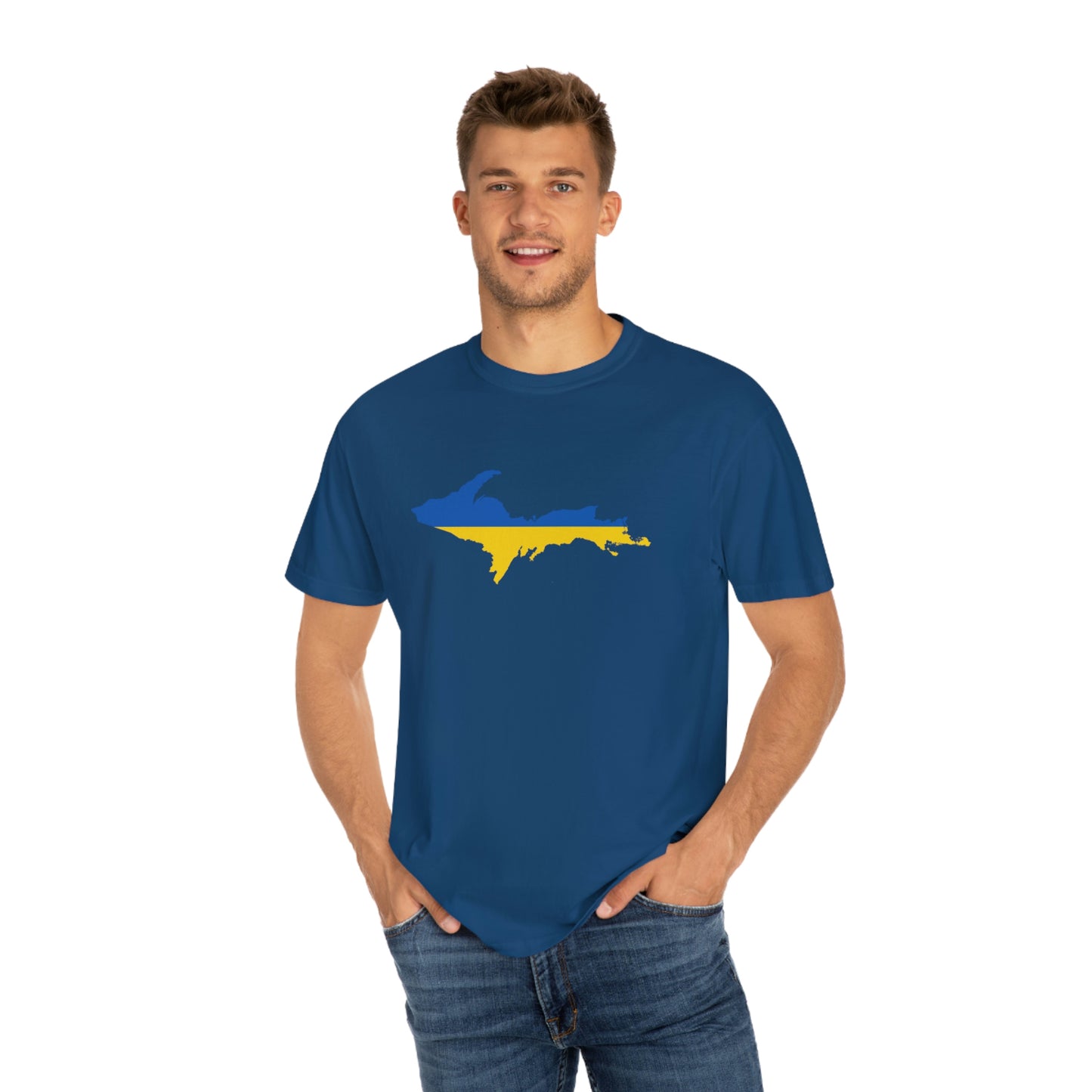 Michigan Upper Peninsula T-Shirt (w/ UP Ukraine Flag Outline) | Unisex Garment-Dyed