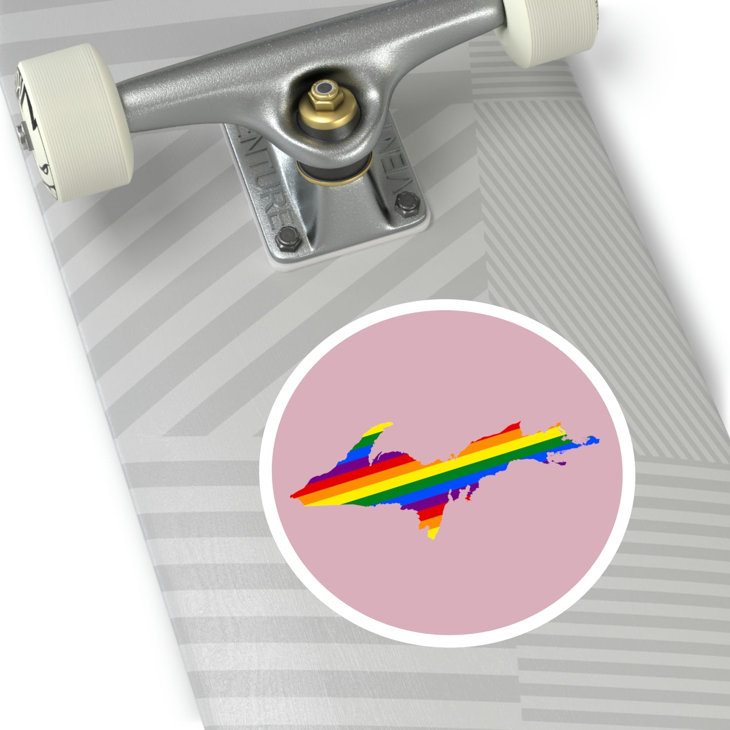 Michigan Upper Peninsula Round Stickers (Pink w/ UP Pride Flag Outline) | Indoor\Outdoor