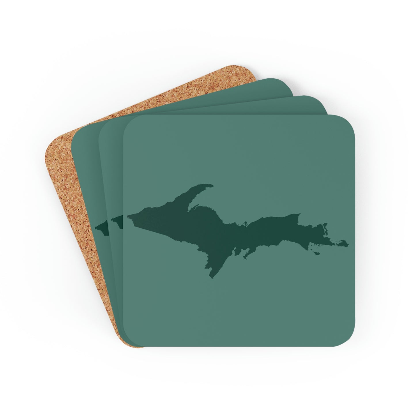 Michigan Upper Peninsula Coaster Set (Copper Green w/ Green UP Outline) | Corkwood - 4 pack