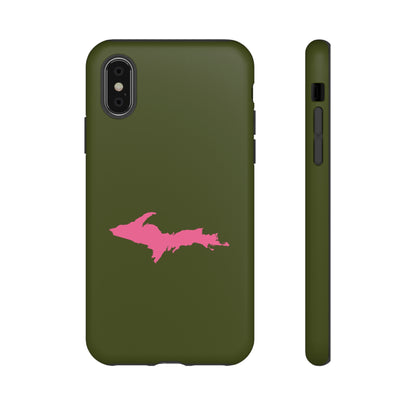 Michigan Upper Peninsula Tough Phone Case (Army Green w/ Pink UP Outline) | Apple iPhone