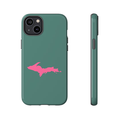 Michigan Upper Peninsula Tough Phone Case (Copper Green w/ Pink UP Outline) | Apple iPhone